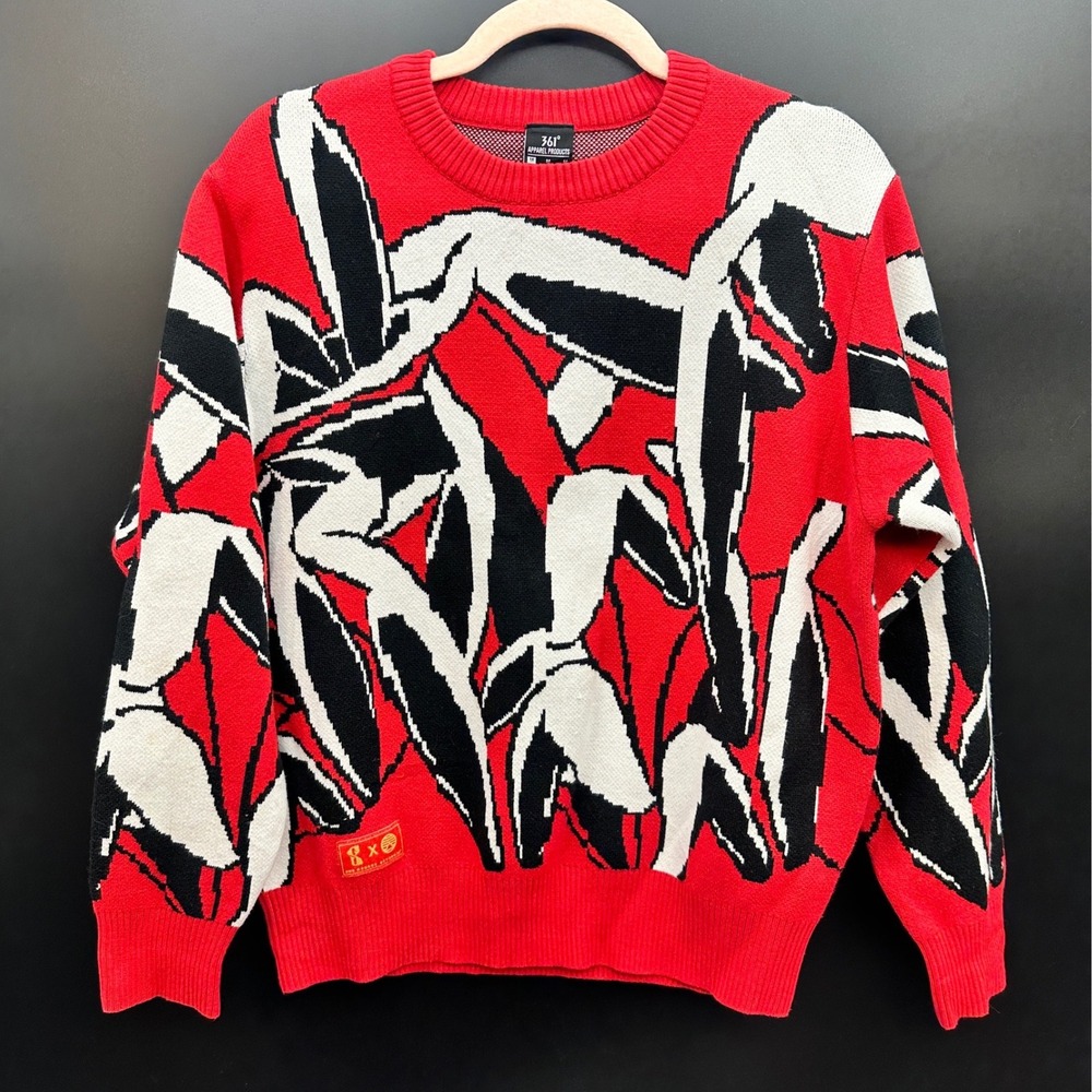 361 Degrees Red Black White Abstract Graphic Knit Crewneck Sweater Mens Medium